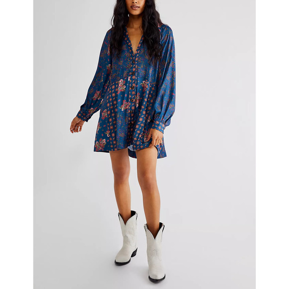 Free People Dresses & Skirts - Free People 'Sylvie' Blue Long Sleeve Button Down Mini Dress Size S